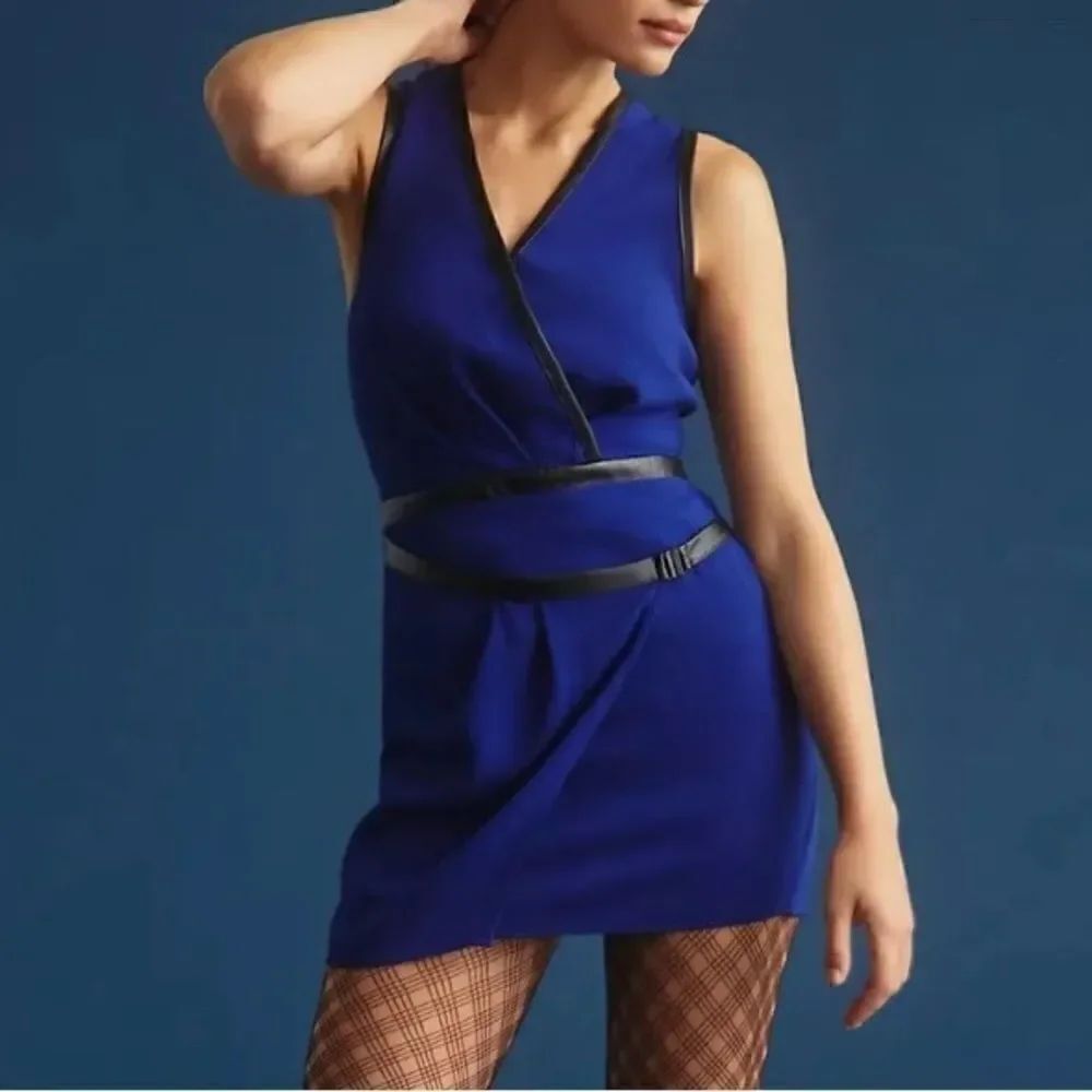 NWT Anthropologie Maeve V-Neck Mini Dress Royal Blue Black Faux Leather Trim 10